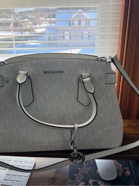 Michael Kors Light Gray Monogram Satchel with Shoulder Strap